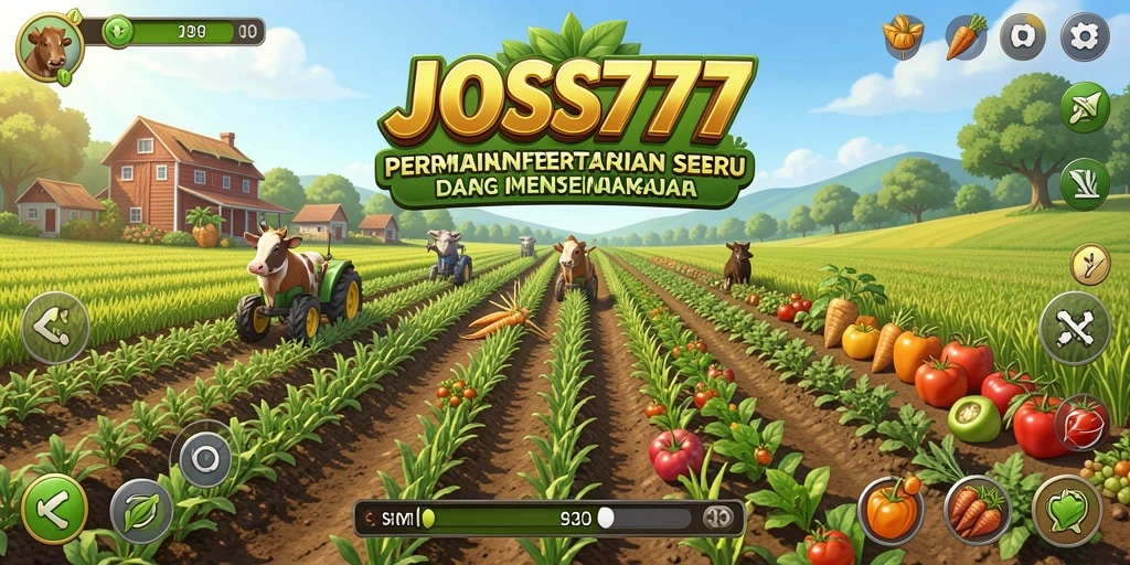 Tangkapan layar utama JOSS777 menampilkan aktivitas bertani yang menyenangkan.
