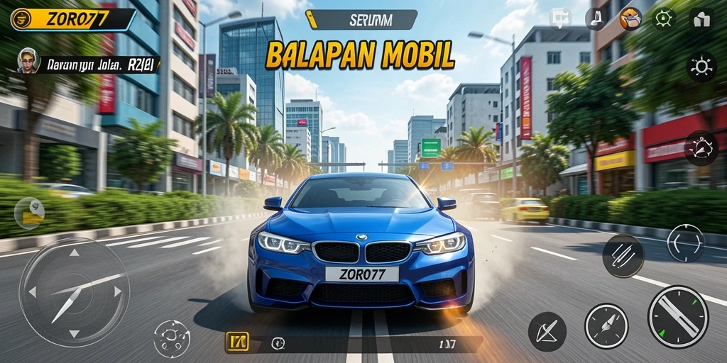 Screenshot ZORO77 menunjukkan mobil balap yang melaju kencang di trek yang menantang.